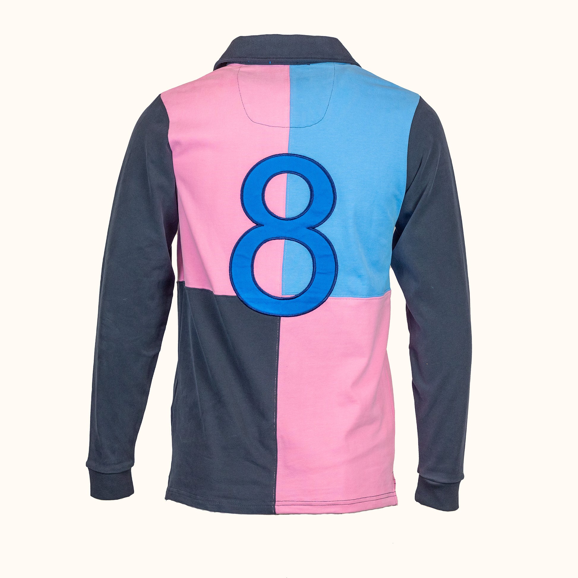 Long-sleeve rugby shirt with pink and blue design featuring the number 8 on a white background