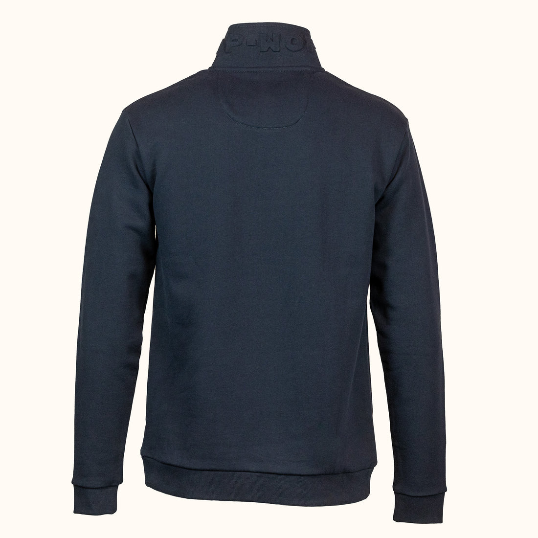 Navy long-sleeve Rugby shirt with brand logo on a white background