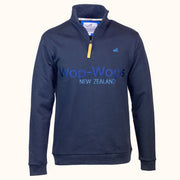 Navy blue sweatshirt with 'Wop-Wops New Zealand' text on a white background