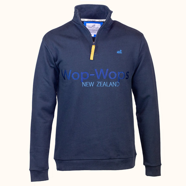 Navy blue sweatshirt with 'Wop-Wops New Zealand' text on a white background