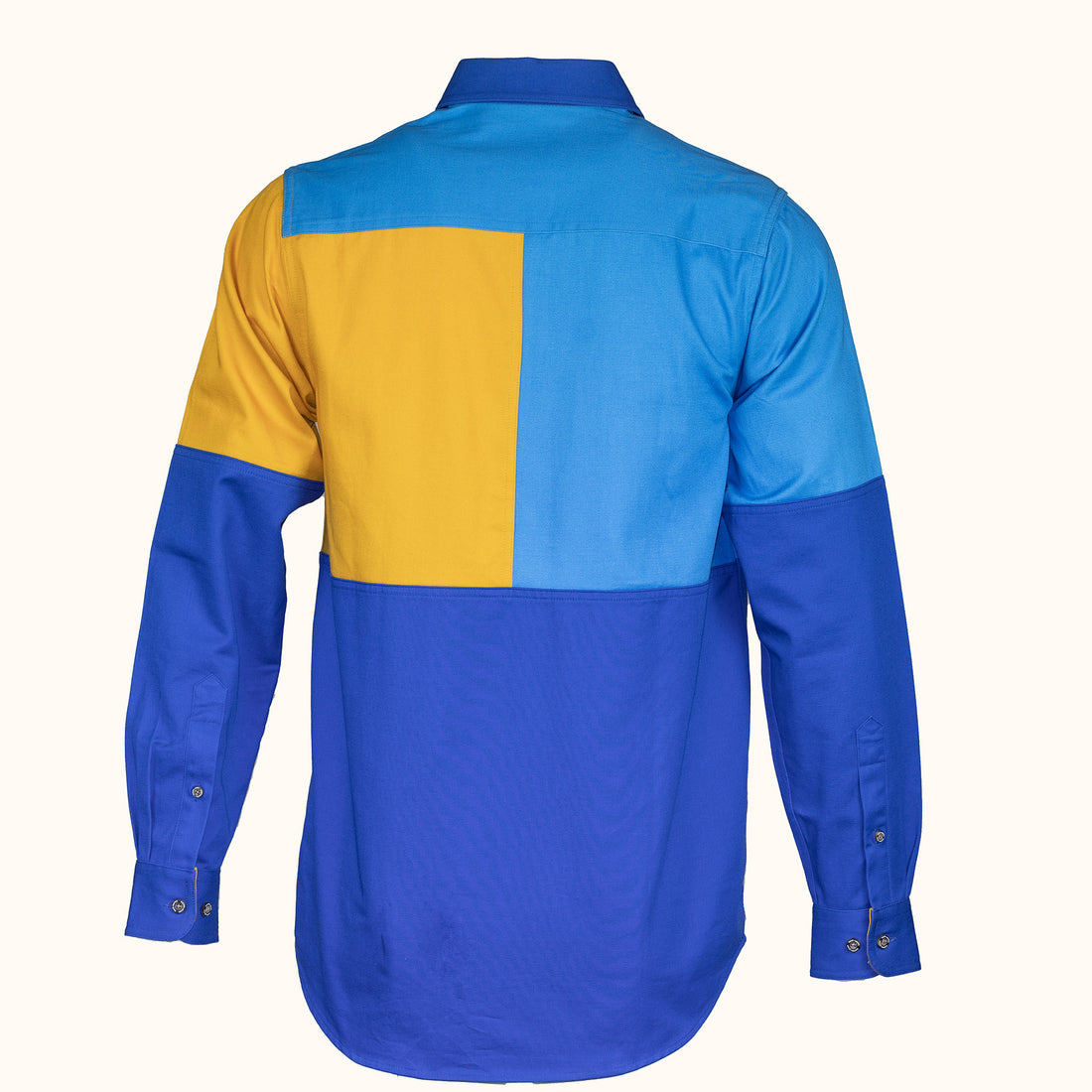 Color-blocked shirt with blue and yellow sections on a white background-front 